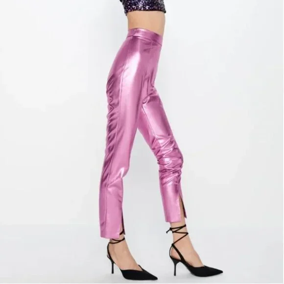Zara Metallic Shiny Legging High Rise Pants in Pink NEW S - Picture 11 of 13